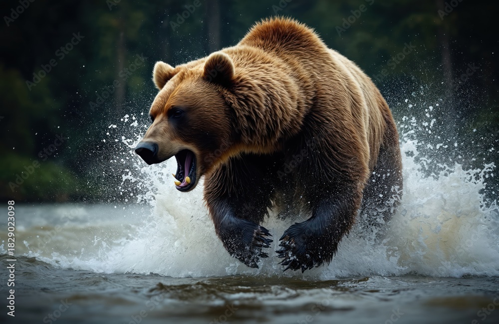 Obraz premium Furious grizzly bear charges through water, mouth open showing teeth, claws extended. Powerful mammal splashes violently, predatory instinct apparent in aggressive stance.