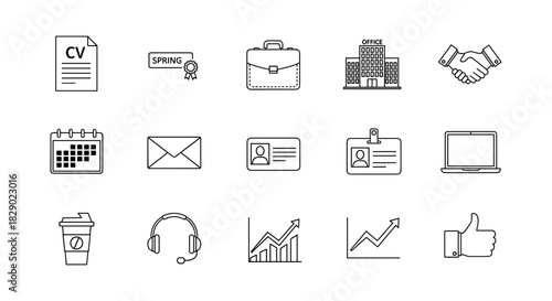 Clean line icons: office, business, and technology essentials