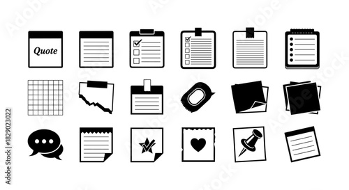 Minimalist office icons set featuring clipboards, notepads, and sticky notes for organization