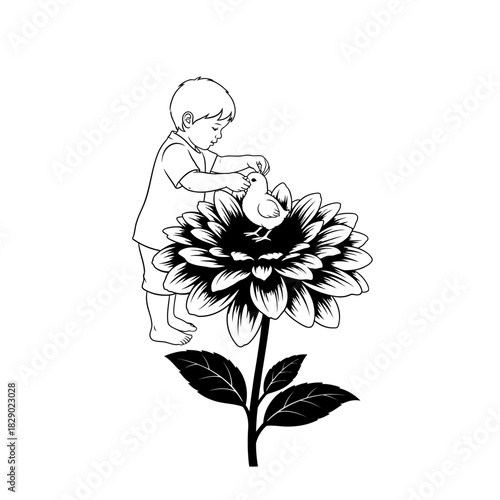 Minimalist Outline Silhouette of a Child Placing a Chick in a Flower Nature Innocence
