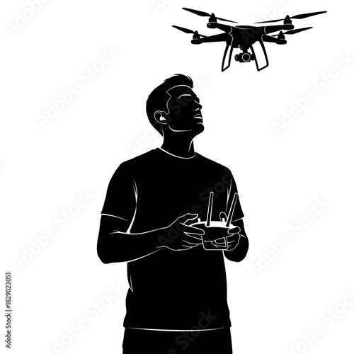 Modern Tech Vector Silhouette of a Male Drone Pilot Operating a Controller Aerial Technology