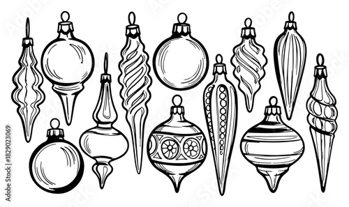 Set of vintage Christmas tree ornaments and baubles collection hand drawn line art vector illustration