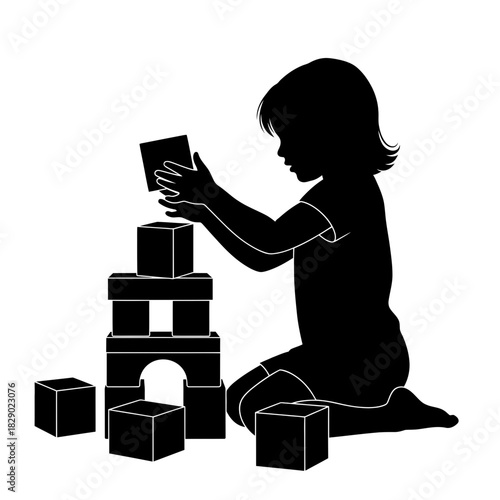Creative Playful Female Child Playing with Building Blocks Vector Silhouette Education