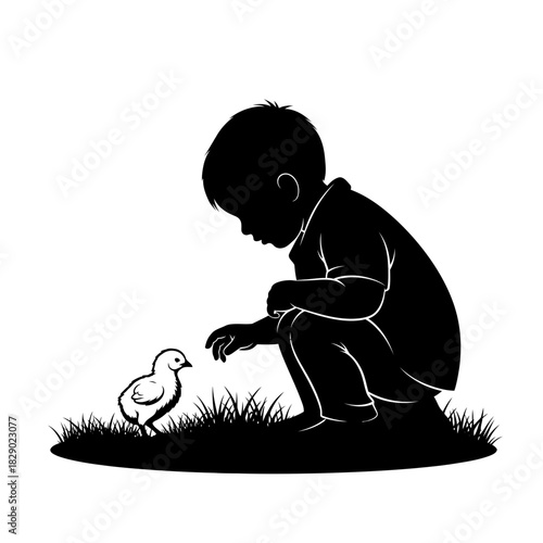 Playful Geometric Silhouette of a Child Discovering a Chick in Nature Curiosity Art