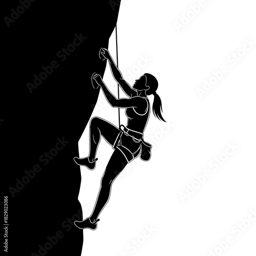 Resilient Powerful Female Rock Climber Ascending a Wall Vector Silhouette Extreme Sport