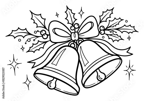 Christmas jingle bells with ribbon bow and holly berry leaves hand drawn vector illustration