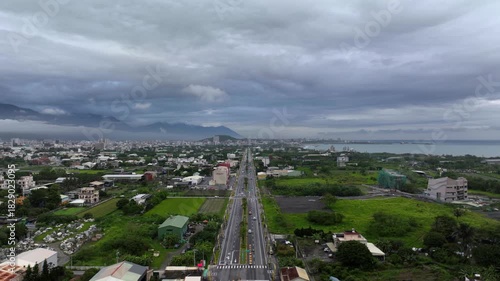 A bird's-eye view of Hualien City, where nature meets civilization, Taiwan. Timelaps