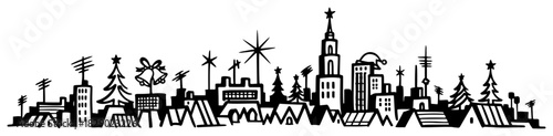 Christmas city skyline silhouette with decorated rooftops and stars hand drawn vector illustration