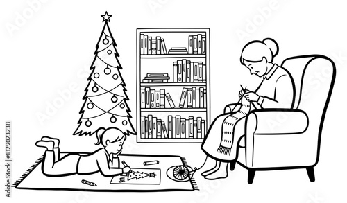Grandmother knitting and granddaughter drawing near Christmas tree at home hand drawn vector illustration