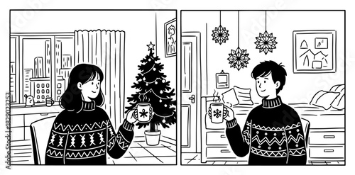 Cozy winter home scenes vector set with woman and man in sweaters drinking hot cocoa near christmas tree