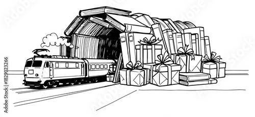 Toy train coming out of book tunnel with christmas gifts vector illustration showing magical journey concept