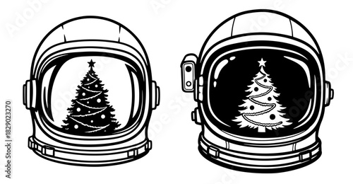 Astronaut helmet with christmas tree reflection in visor vector illustration showing holiday in space concept