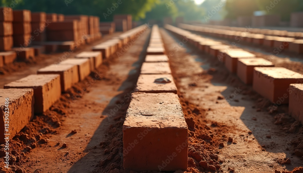 Obraz premium Rows of red clay bricks set outdoors. Many bricks are drying in sunlight. Bricks create straight lines. These bricks will be used for construction. Bricks stand near ground. Tree shadow on blocks.