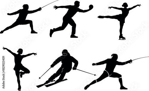 Silhouettes of various sports activities on white background