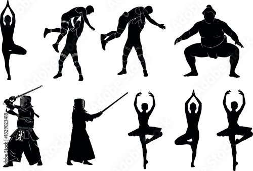 Diverse martial arts and physical activities silhouette collection