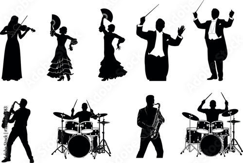 Silhouette collection of musicians and dancers performing on stage in black