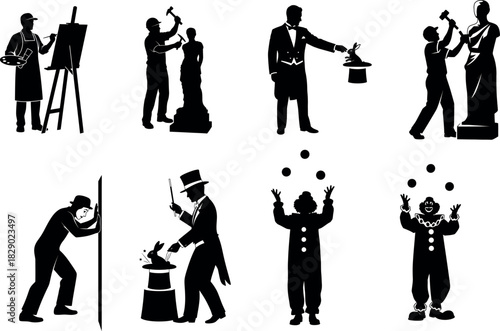 Silhouettes of performers magician artist juggler and sculptor in black and white