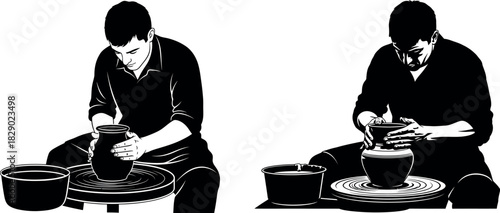 Potter at work black and white silhouette of artisans shaping clay