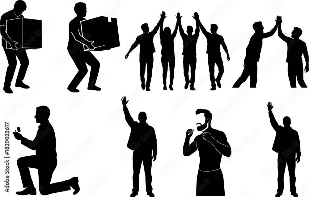 Obraz premium Silhouette collection of people in various poses on white background