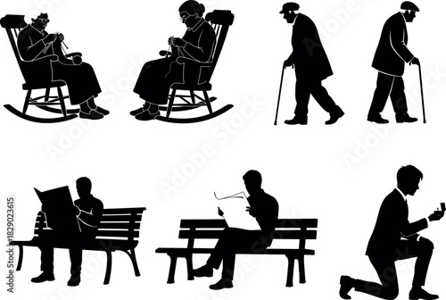 Silhouettes of senior citizens in various poses and activities on white background