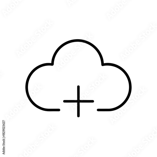 Outline of cloud with plus symbol centered on transparent background
