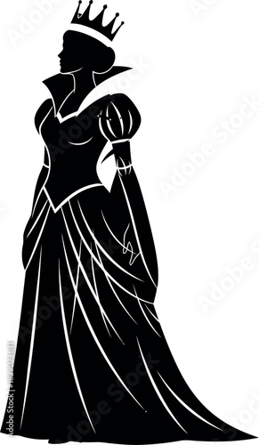 Silhouette of a queen in elaborate dress and crown on white background