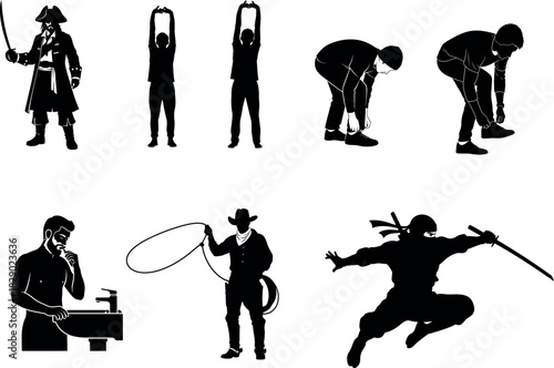 Silhouette collection of diverse characters in various poses and activities