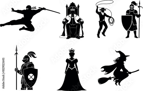 Fantasy character silhouettes ninja king queen knight witch and more