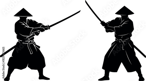 Two samurai warriors dueling with swords in a traditional japanese setting