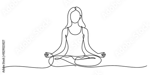 Continuous line drawing of a woman in a meditative lotus pose, representing mindfulness, relaxation, wellness, and inner peace on a clean background. Vector, illustration