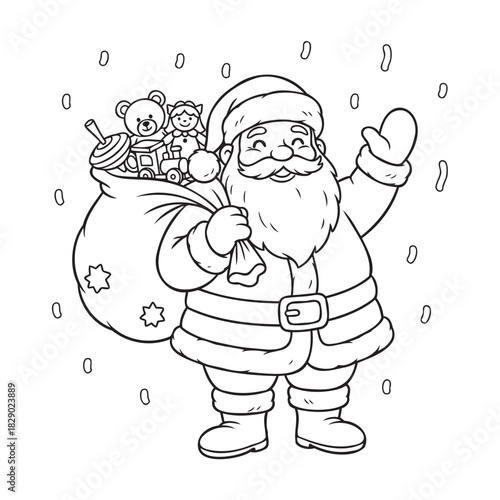 Cheerful Santa Claus with gift sack waving hello, ready for coloring fun in this originally vector graphic image, spreading holiday cheer and warmth