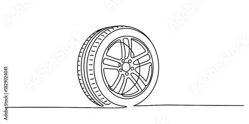 Continuous line drawing of a modern car wheel and tire with alloy rim on a clean white background, automotive vehicle parts vector illustration art. Vector, illustration
