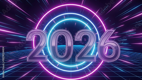 Fototapeta Naklejka Na Ścianę i Meble -  Futuristic 3d render of the year 2026 with neon lights