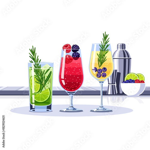 Colorful cocktails with berries and herbs on bar counter background