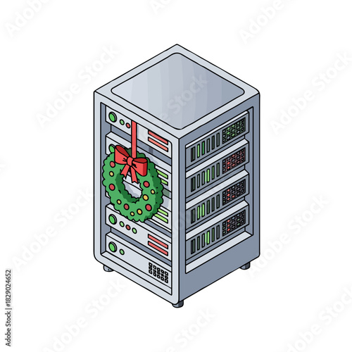 Data server cabinet decorated with Christmas wreath on white background