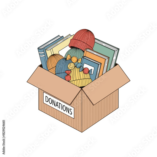 Donation box filled with books and hats on white background