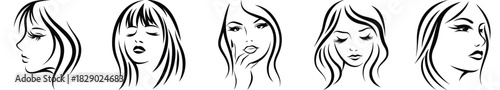 Elegant Woman Faces Illustration Set: Diverse Female Portraits and Minimalist Sketch Collection for Beauty Design