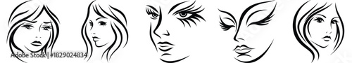 Stylized Female Faces Collection: Elegant Line Art Portraits Capturing Woman Beauty and Diversity