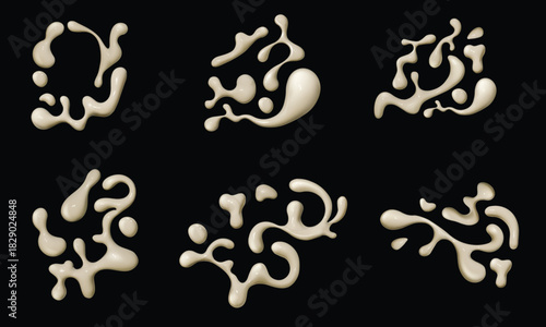 Set of glossy beige liquid splashes isolated on black background. Collection of abstract cream, milk, or paint drops. 3D rendered fluid motion elements for design