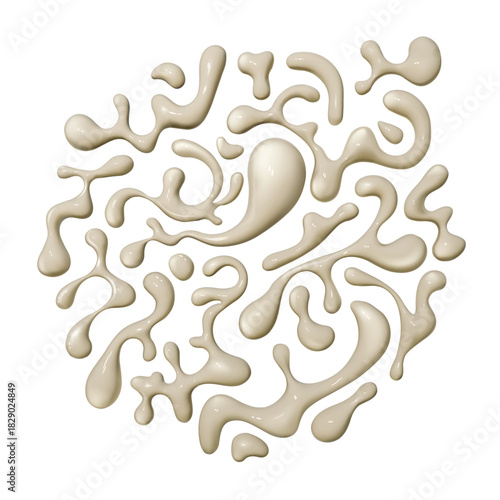 Abstract set of glossy beige liquid blobs and drops isolated on white. Creamy cosmetic foundation splashes. 3D fluid shapes pattern
