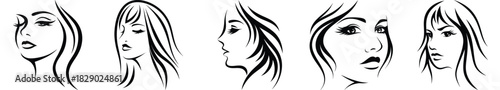 Modern Woman Face Portrait Vector Illustration Set for Feminine Beauty and Salon Branding