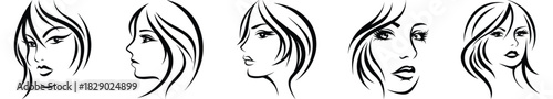 Elegant Woman Lineart Faces Illustration with Diverse Vector Profiles for Beauty and Design Collection