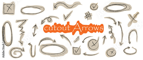 Hand-drawn collage scrapbook doodle arrows collection, curved straight and short arrows with crayon or pencil texture, sketch and scribble arrow set, cut-out scrapbook design elements