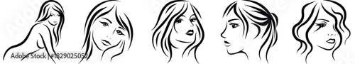 Elegant Woman Faces Line Art: Expressive Female Portrait Sketches Featuring Young Girls