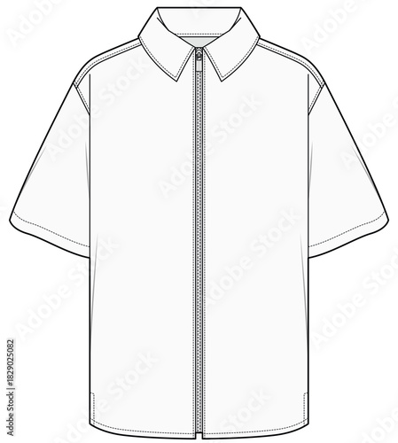 mens short sleeve zip through work shirt flat sketch vector illustration technical cad drawing template
