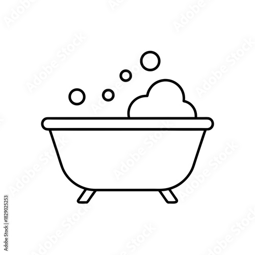 Outline drawing of a bathtub filled with soap bubbles on transparent background