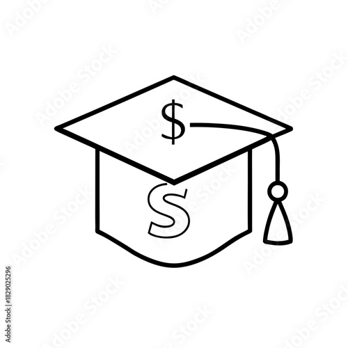 Graduation cap with dollar symbols outline drawing on transparent background