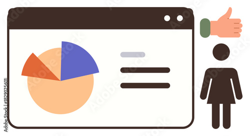 Pie chart inside a browser window, approval thumbs-up gesture, and user silhouette. Ideal for feedback, data analysis, user experience, performance metrics, decision-making, teamwork simple flat