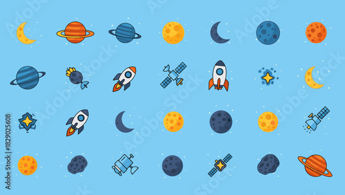 Pixel art space icons set with planets, moon, rocket, and satellite on blue background