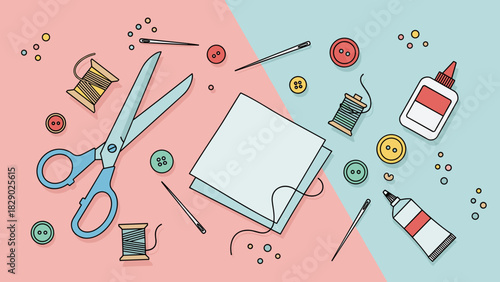 Flat lay illustration of various crafting and sewing supplies scattered on a split pink and blue background